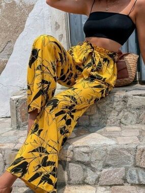 SHEIN Yellow Wide-Leg Floral Print Pants
